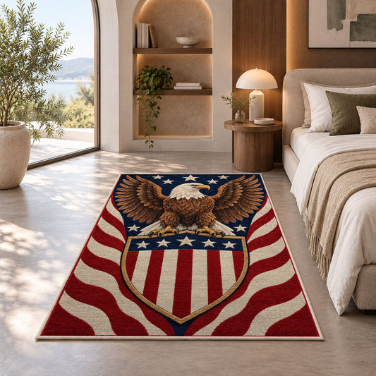 Patriotic eagle shield veteran rug in red, white and blue