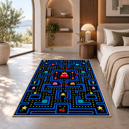 Classic neon arcade maze retro rug in a bedroom
