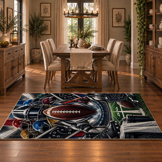 Gridiron tunnel football area rug in a game room