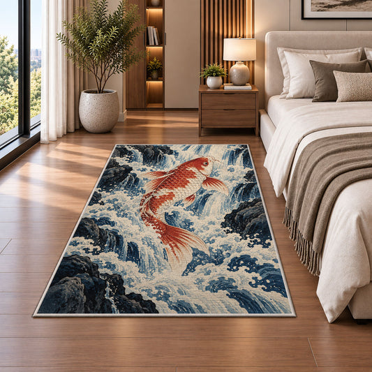 Koi fish rug with ukiyo-e waterfall design for Japanese style decor