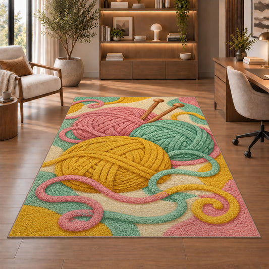 Yarn Balls and Knitting Needles Rug in a home office with wooden shelves