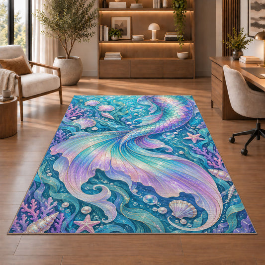 Shimmering Mermaid Tail Rug in a home office with wooden shelves