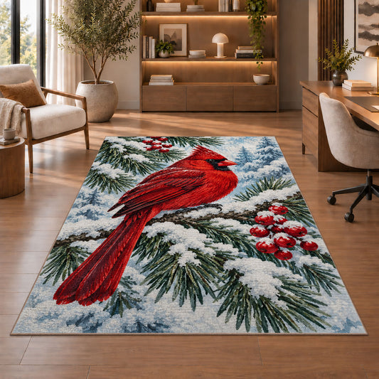 Cardinal on Snowy Branch Rug in a home office with wooden shelves