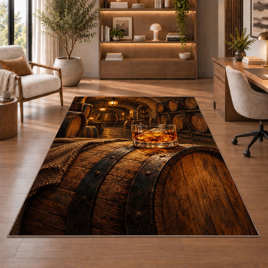 Oak Barrel and Whiskey Rug in a home office with wooden shelves