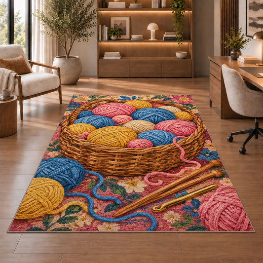 Basket of Yarn Rug in a home office with wooden shelves