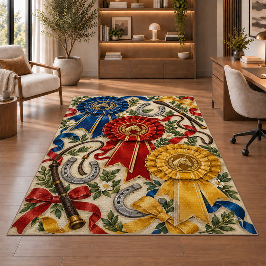 Horse Show Rosette Ribbons Rug in a home office with wooden shelves