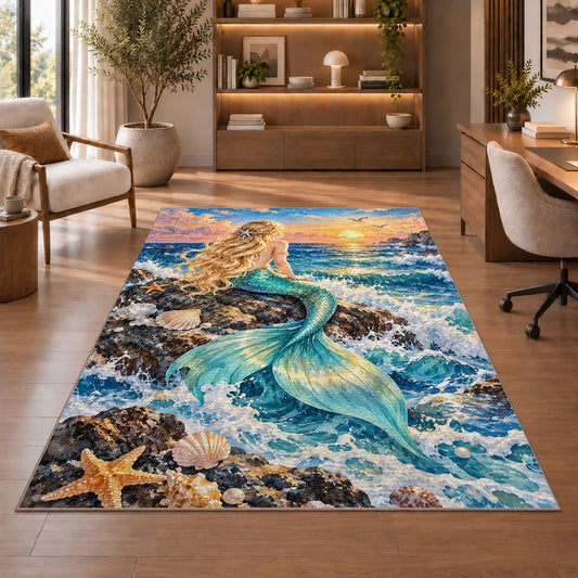 Mermaid on the Rock Rug in a home office with wooden shelves