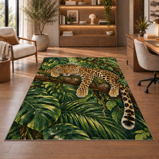 Leopard Resting on Tree Branch Rug in a home office with wooden shelves