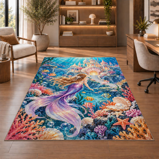 Underwater Castle Mermaid Rug in a home office with wooden shelves