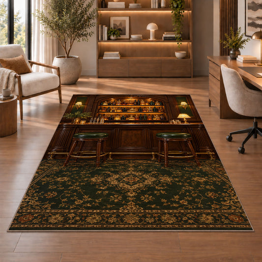 Classic Bar Room Rug in a home office with wooden shelves