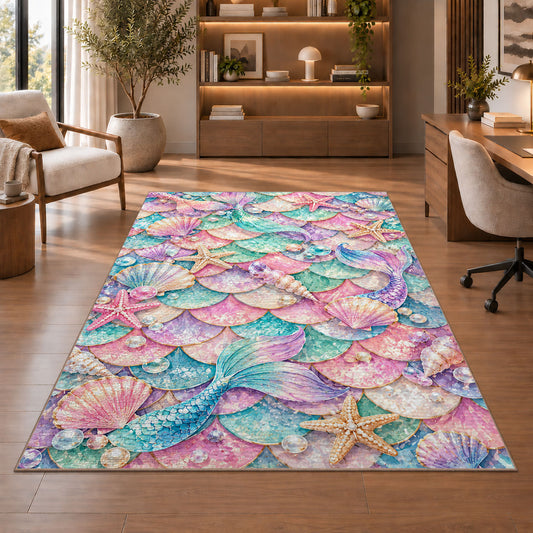 Mermaid Scales and Shells Pattern Rug in a home office with wooden shelves