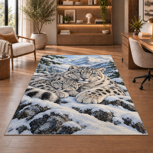 Snow Leopard Mother and Cub Rug in a home office with wooden shelves