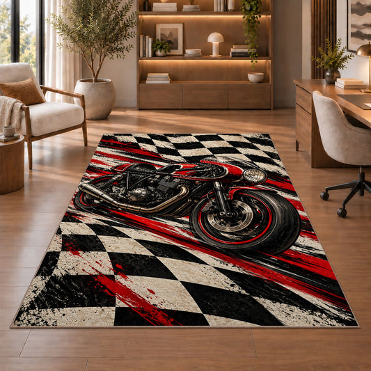 Racing Motorcycle Checkered Rug in a home office with wooden shelves