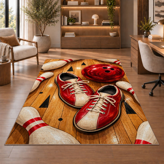 Bowling Shoes Rug in a home office with wooden shelves