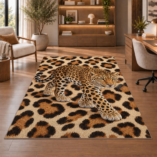 Leopard on Leopard Print Rug in a home office with wooden shelves