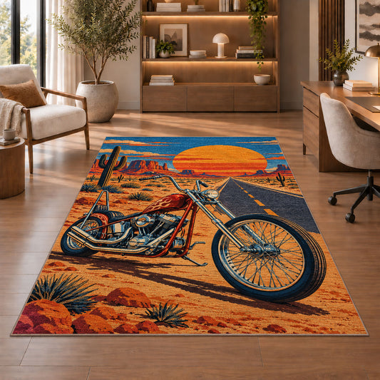 Chopper on Desert Highway Rug in a home office with wooden shelves
