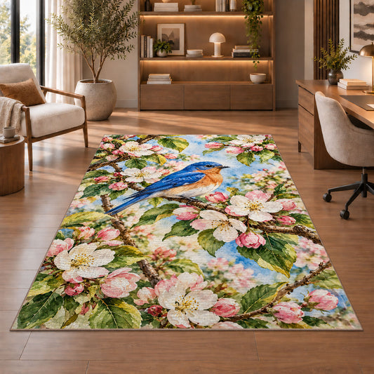 Bluebird on Blossom Branch Rug in a home office with wooden shelves