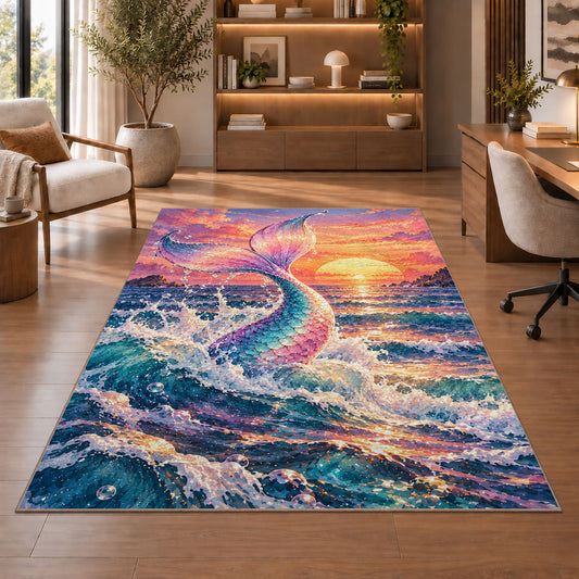 Mermaid Tail at Sunset Rug in a home office with wooden shelves