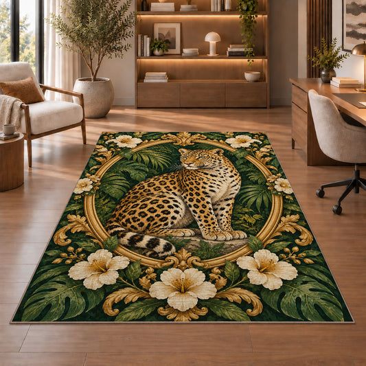 Vintage Leopard Oval Frame Rug in a home office with wooden shelves