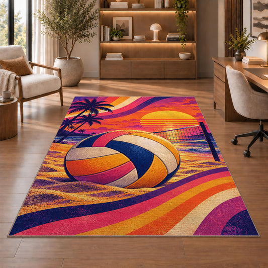 Retro 80s Volleyball Rug in a home office with wooden shelves