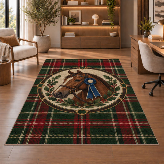 Tartan Horse Medallion Rug in a home office with wooden shelves