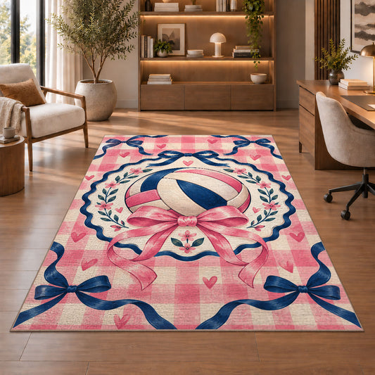 Preppy Pink Volleyball Rug in a home office with wooden shelves