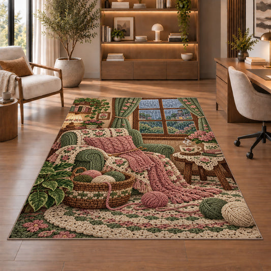 Knitting Nook by the Window Rug in a home office with wooden shelves