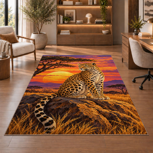 Leopard at Savanna Sunset Rug in a home office with wooden shelves