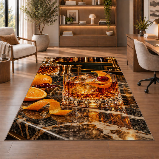 Old Fashioned Cocktail Rug in a home office with wooden shelves