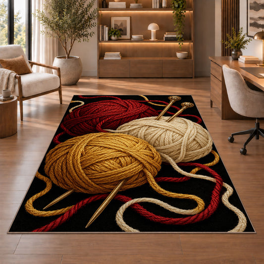 Yarn on Black Rug in a home office with wooden shelves