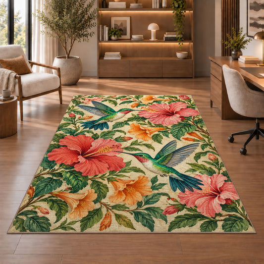 Hummingbirds and Hibiscus Rug in a home office with wooden shelves