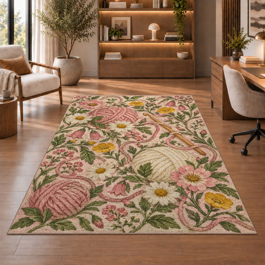 Cottagecore Yarn and Flowers Rug in a home office with wooden shelves