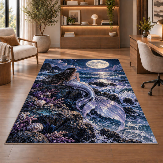 Mermaid Under the Moon Rug in a home office with wooden shelves
