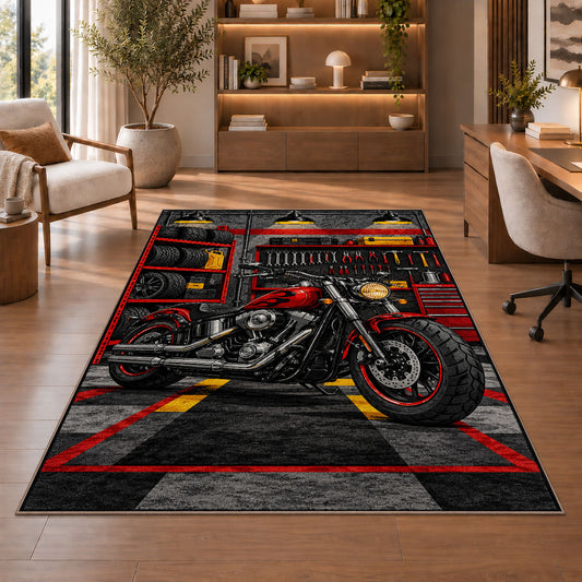 Motorcycle Garage Rug in a home office with wooden shelves