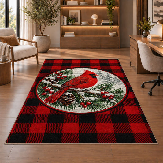Cardinal Buffalo Check Rug in a home office with wooden shelves