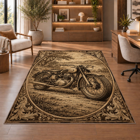 Vintage Engraved Motorcycle Rug in a home office with wooden shelves