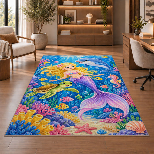 Mermaid and Ocean Friends Rug in a home office with wooden shelves