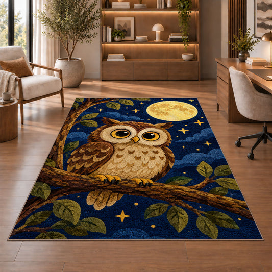 Owl and Full Moon Rug in a home office with wooden shelves