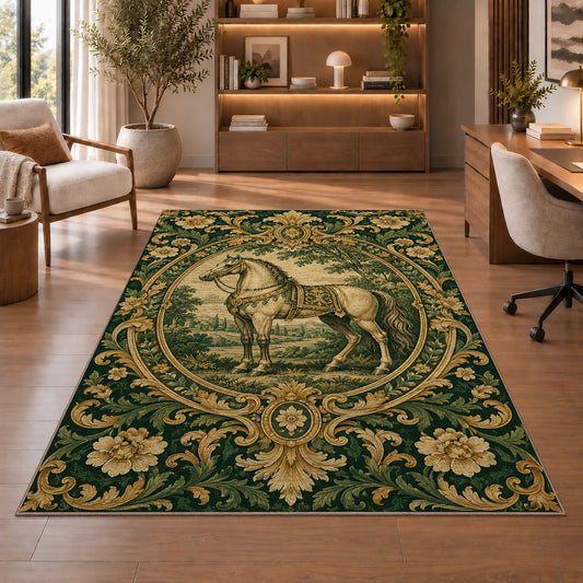 Vintage Engraved Horse Rug in a home office with wooden shelves