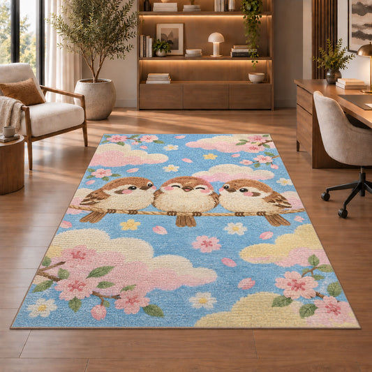 Cute Birds Nursery Rug in a home office with wooden shelves