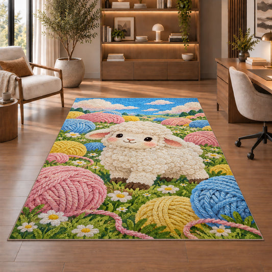 Sheep and Yarn Balls Rug in a home office with wooden shelves