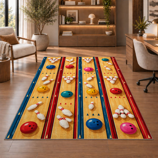 Bowling Alley Top View Rug in a home office with wooden shelves
