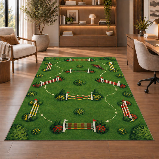 Show Jumping Course Top View Rug in a home office with wooden shelves