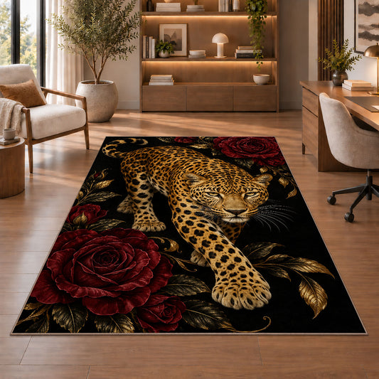 Leopard on Black with Roses Rug in a home office with wooden shelves