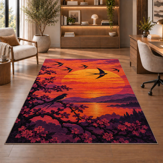 Birds at Sunset Rug in a home office with wooden shelves