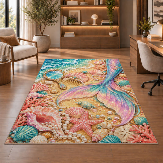 Mermaid Tail and Vanity Shells Rug in a home office with wooden shelves
