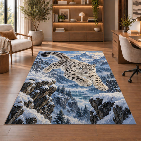 Leaping Snow Leopard Rug in a home office with wooden shelves