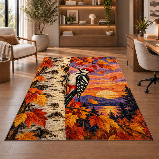 Woodpecker on Birch Rug in a home office with wooden shelves