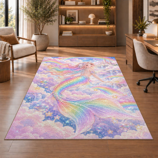 Rainbow Mermaid Rug in a home office with wooden shelves