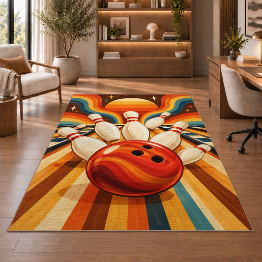 Retro 70s Stripes Bowling Rug in a home office with wooden shelves